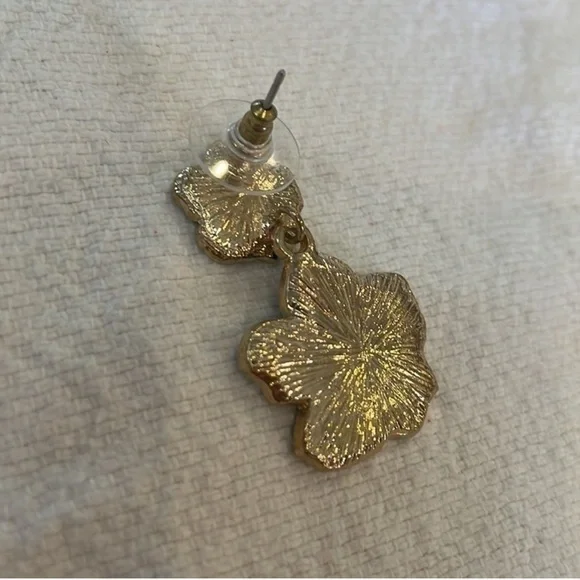 Vintage Double Flower Blue Enamel With Crystal Rhinestone Drop Earrings - Picture 6 of 8